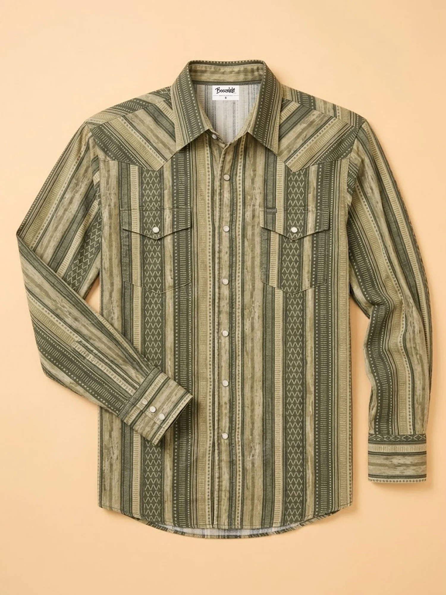Men's Vintage Western Olive Green Geometric Stripe Long Sleeve Shirt Cowboy Pearl Snap Shirt