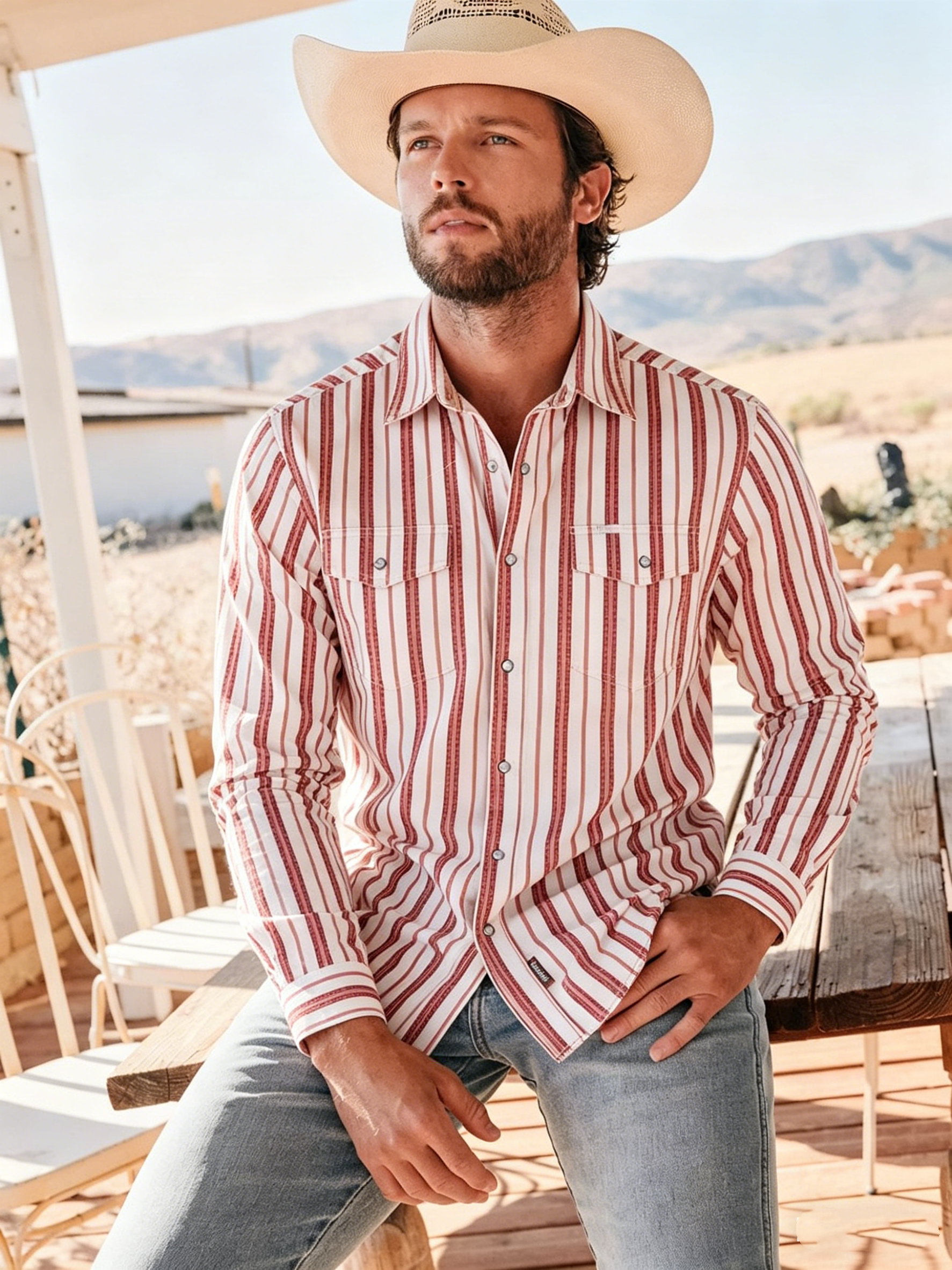 Mens Red Striped Vented Pearl Snap Shirt