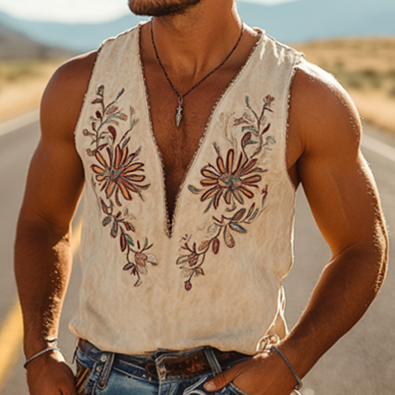 Men's Spring and Summer Classic Western Cowboy Style Thin Suede Embroidered Deep V-neck Tank Top 00494118K