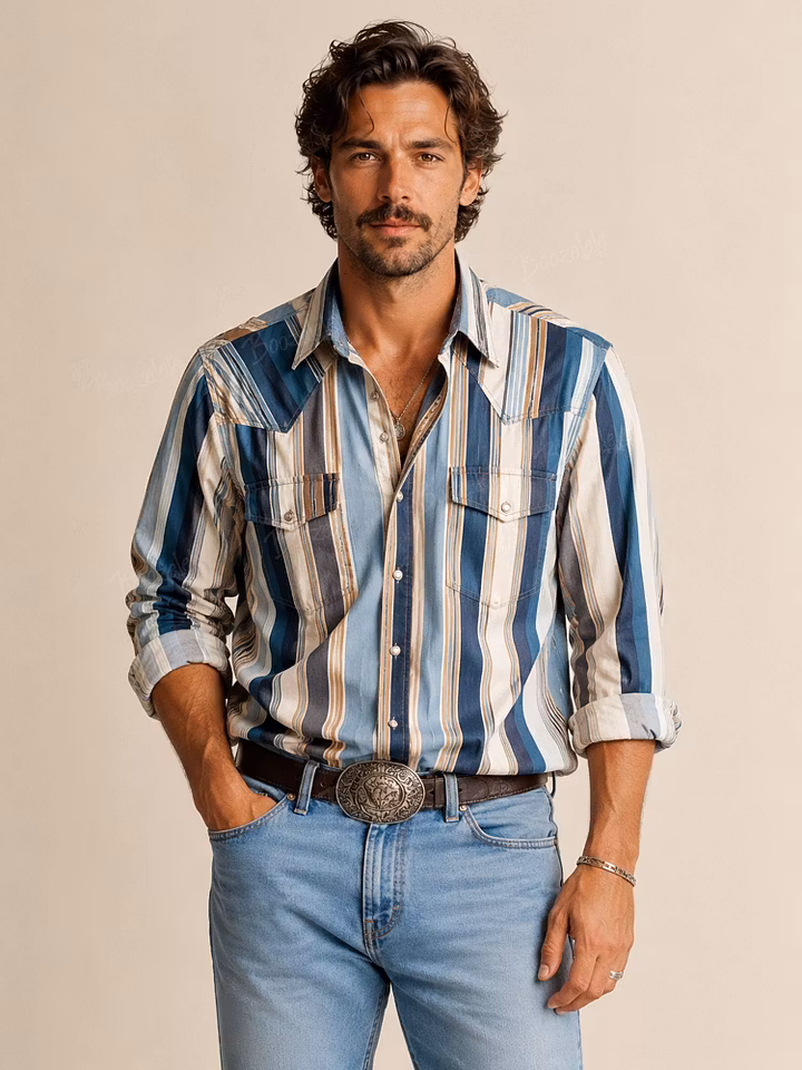 Indigo Blue & Tan Multi-Color Vertical Stripe Button-Down Long-Sleeve Shirt