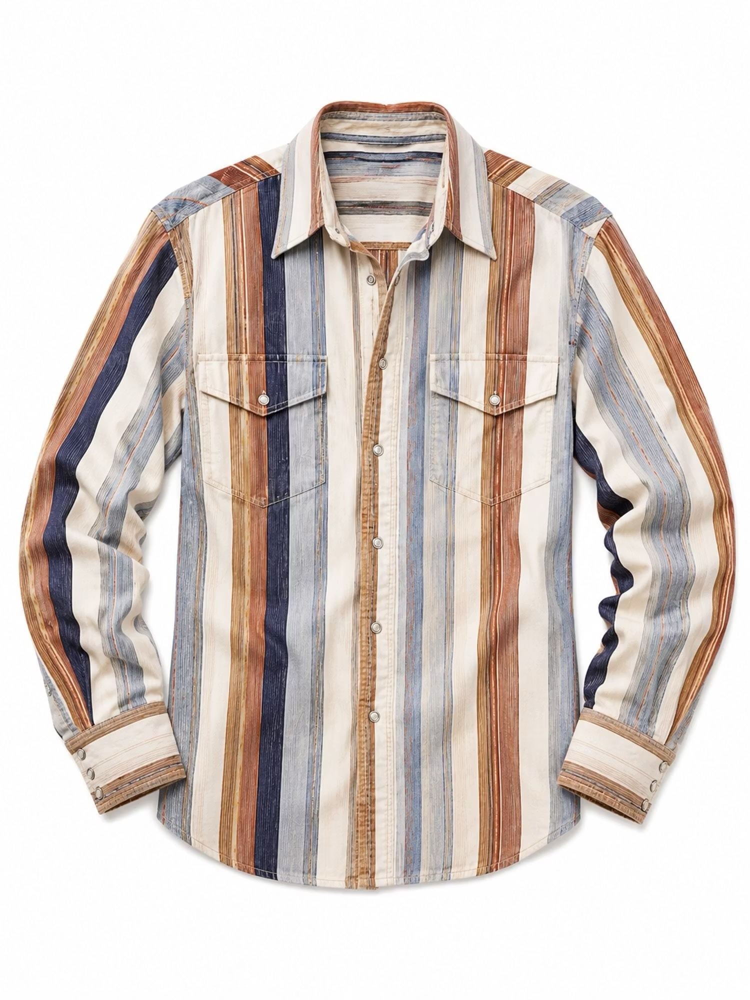 Terracotta Brown & Sand Multi-Color Vertical Stripe Button-Down Long-Sleeve Shirt
