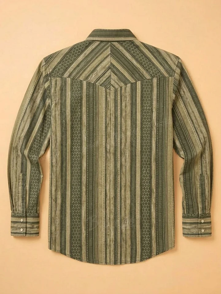Men's Vintage Western Olive Green Geometric Stripe Long Sleeve Shirt Cowboy Pearl Snap Shirt