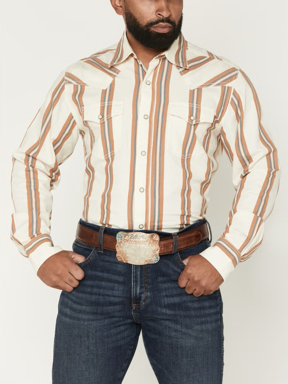 Retro Stripe Print Long Sleeve Snap Western Shirt