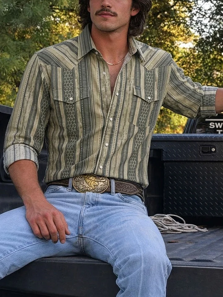 Men's Vintage Western Olive Green Geometric Stripe Long Sleeve Shirt Cowboy Pearl Snap Shirt