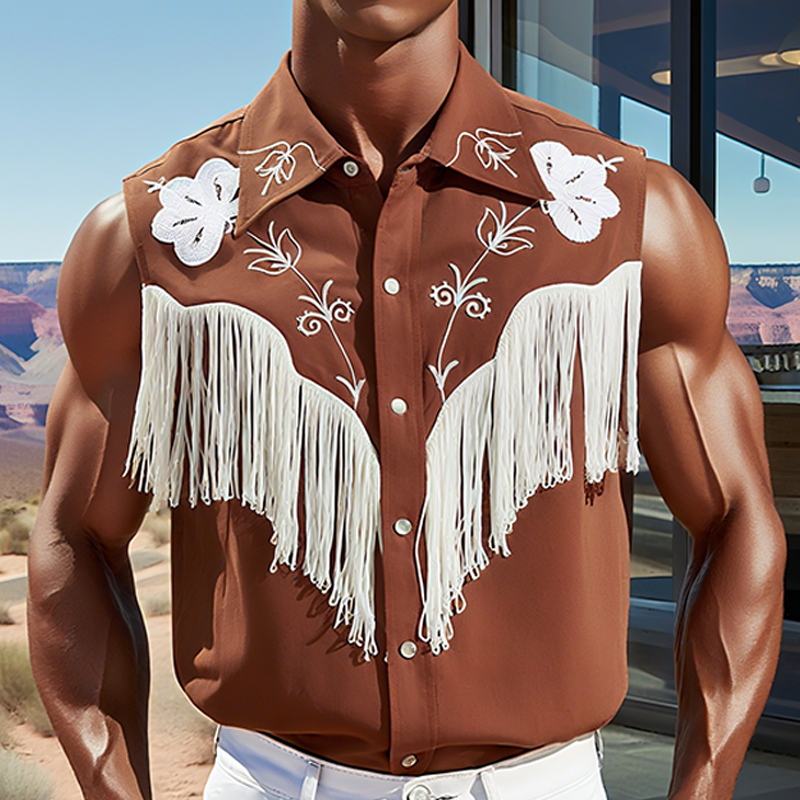 Men's Summer New Casual American Western Style Cotton Blend Embroidered Tassel Slim Sleeveless Shirt MTA1747F5K