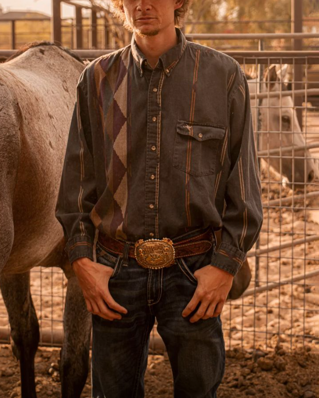 Men's Striped Print Retro Western Fashion Casual Lapel Long Sleeve Shirt