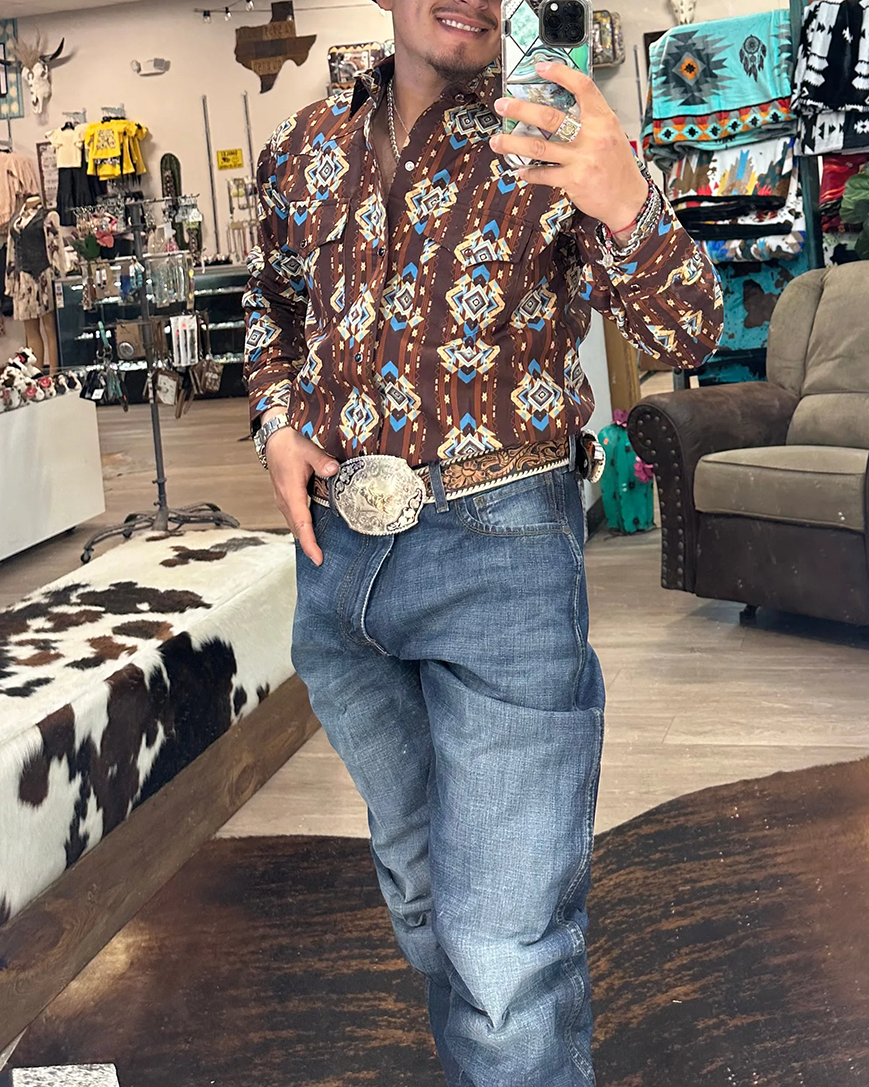 Men's Casual Retro Western Cowboy Stripe Long Sleeve Shirt