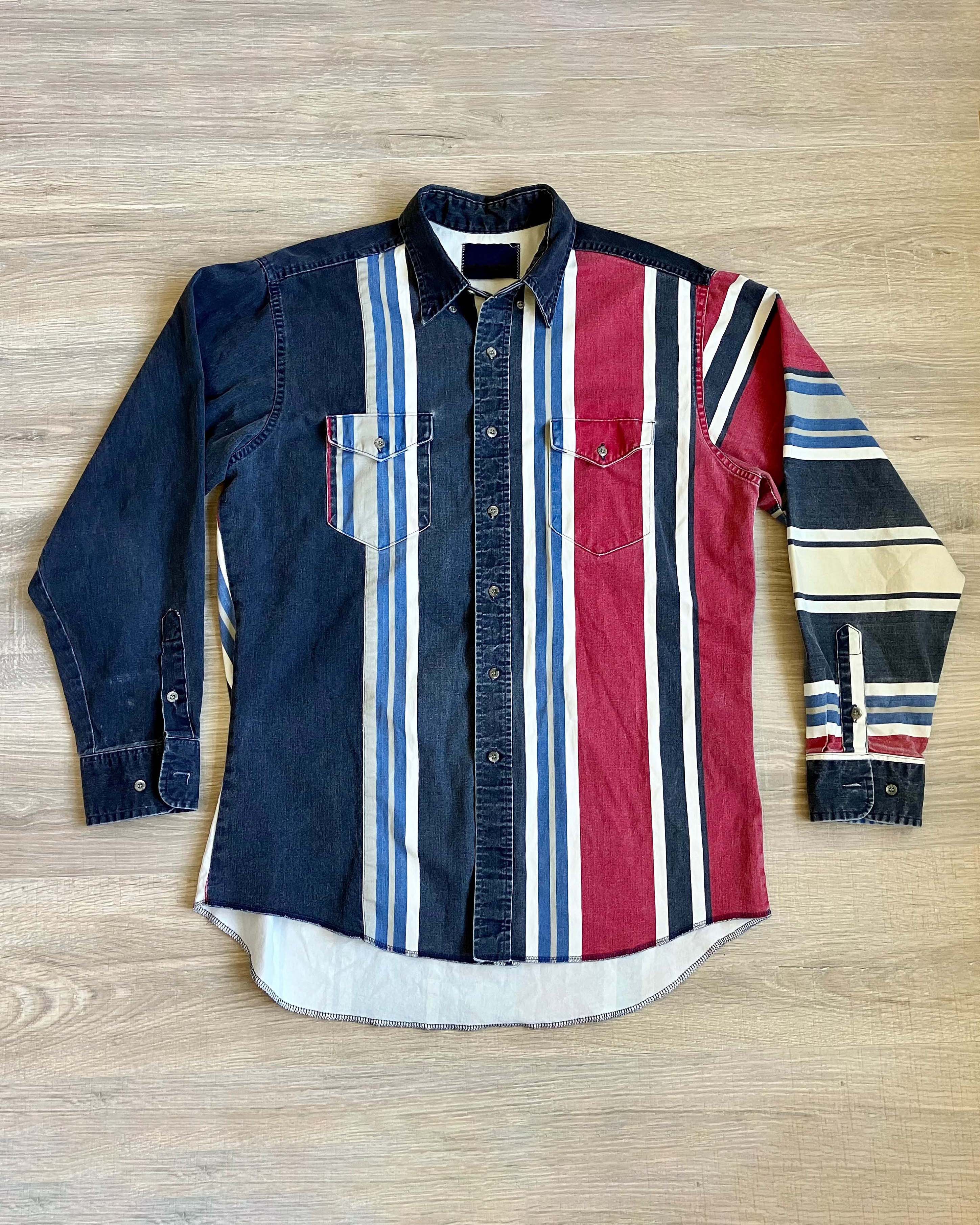 Men's Fashion Western Dark Blue Red Striped Long Sleeve Shirt