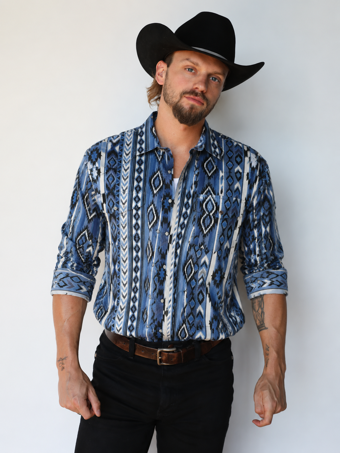 Blue Aztec Tribal Print Western Long Sleeve Shirt
