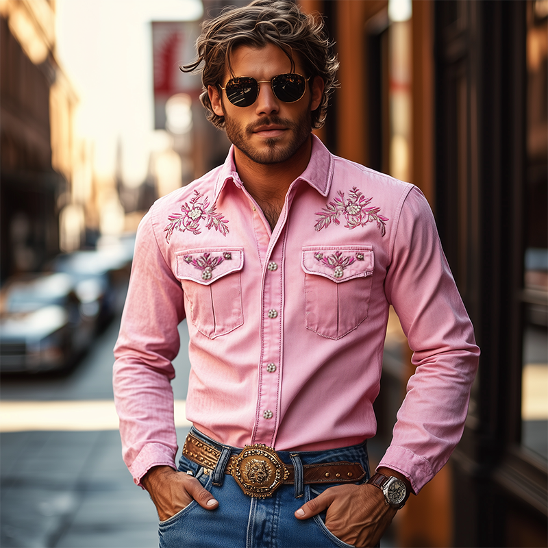 Men's American Retro Western Style Cotton Blend Embroidered Long Sleeve Shirt 96546825K