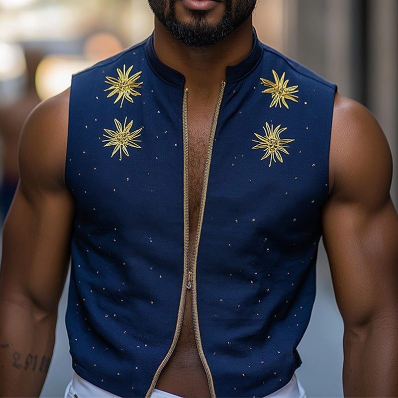 Men's Summer Fashion Star Embroidery Cotton And Linen Sleeveless Shirt MTA2954E9P