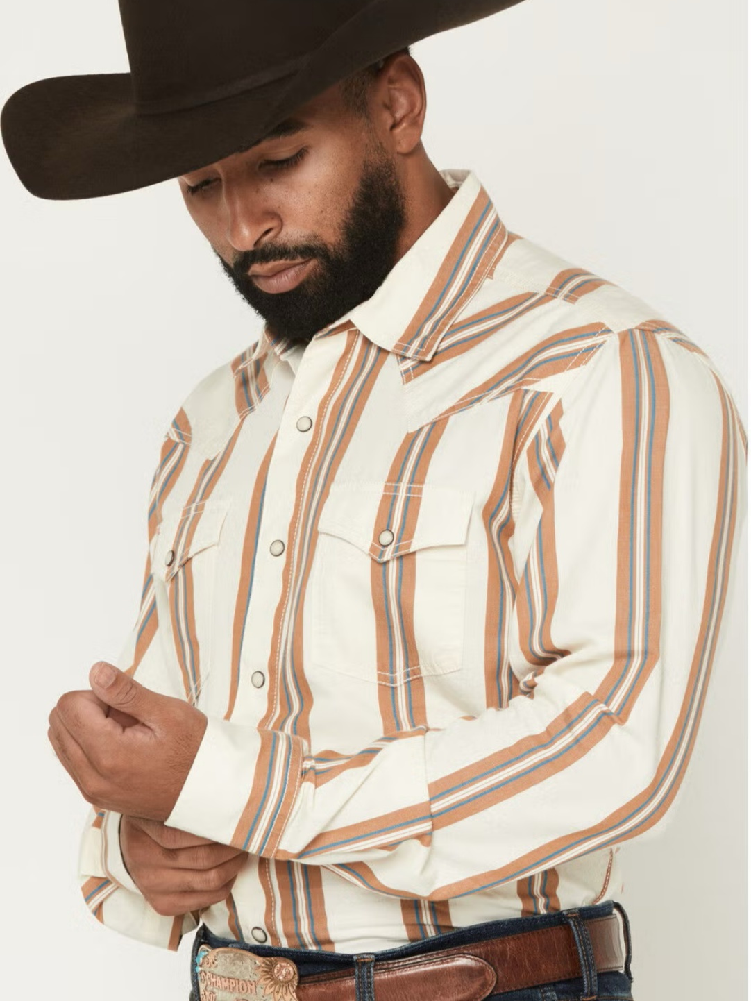 Retro Stripe Print Long Sleeve Snap Western Shirt