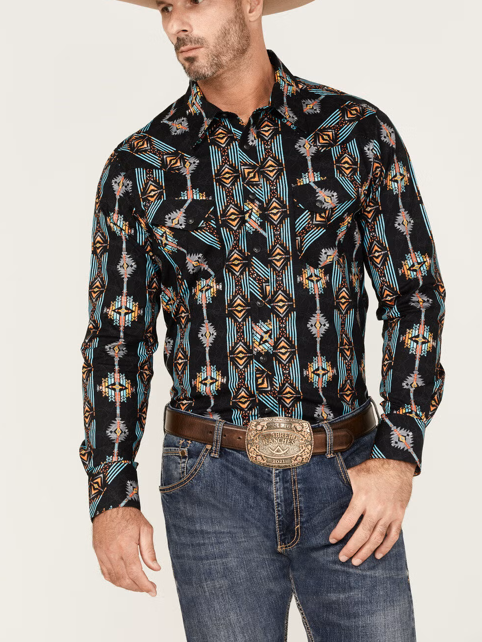 Rock & Roll Denim Men's Vertical Southwestern Print Long Sleeve Snap Western Shirt