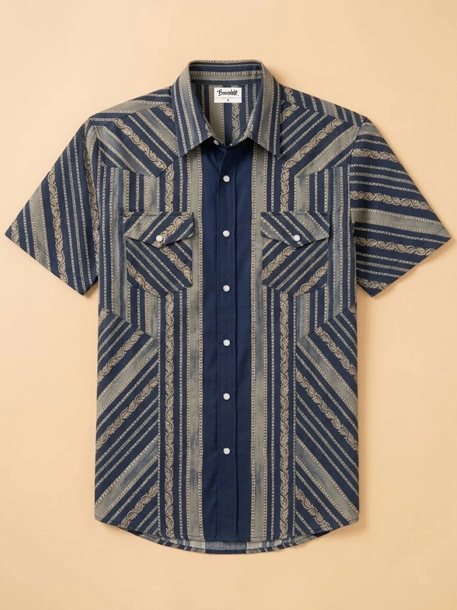 Navy Blue Vintage Stripe Printed Western Shirt