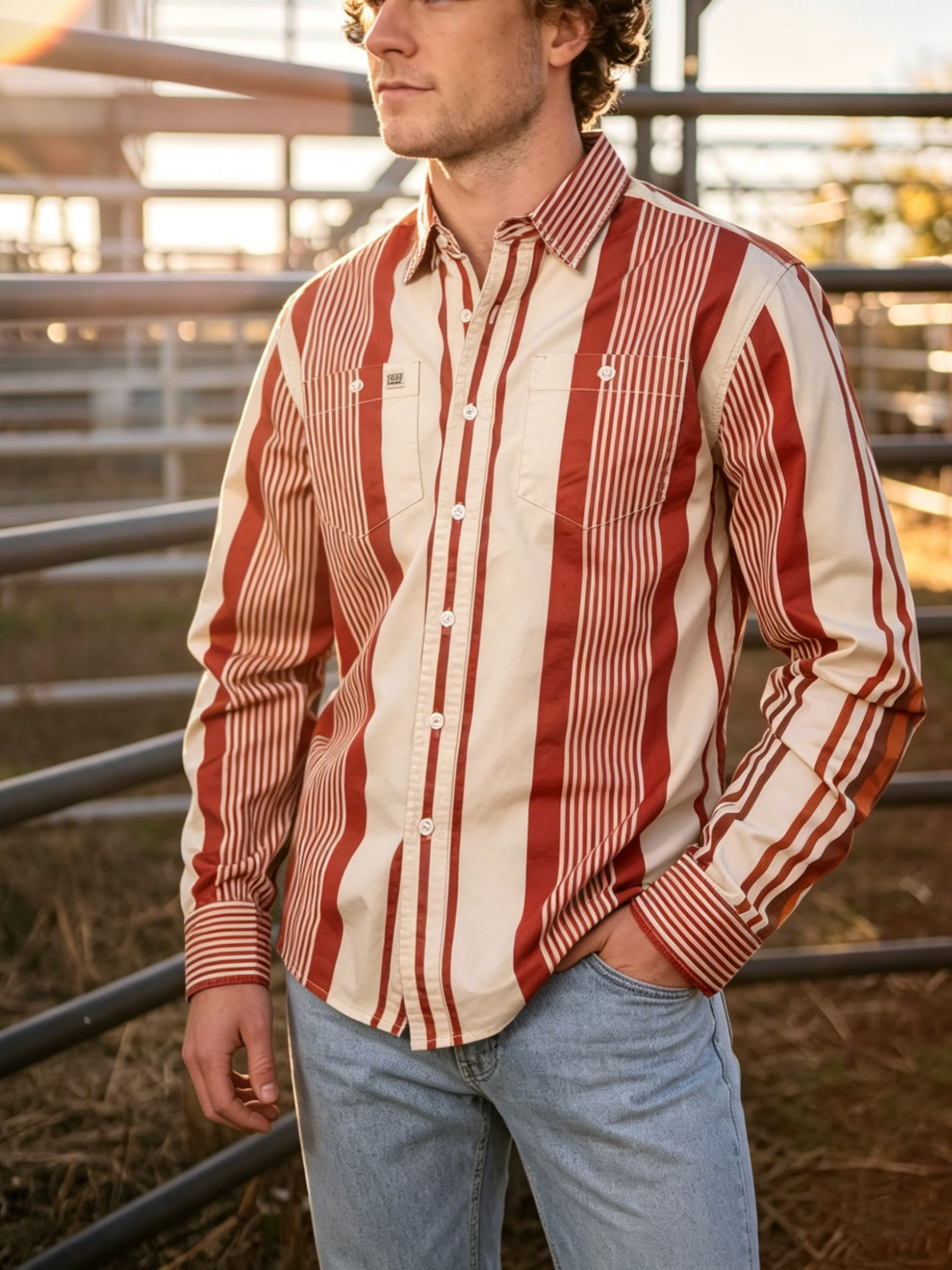 Men's Reddy Striped Western Snap Shirt in Brick Red