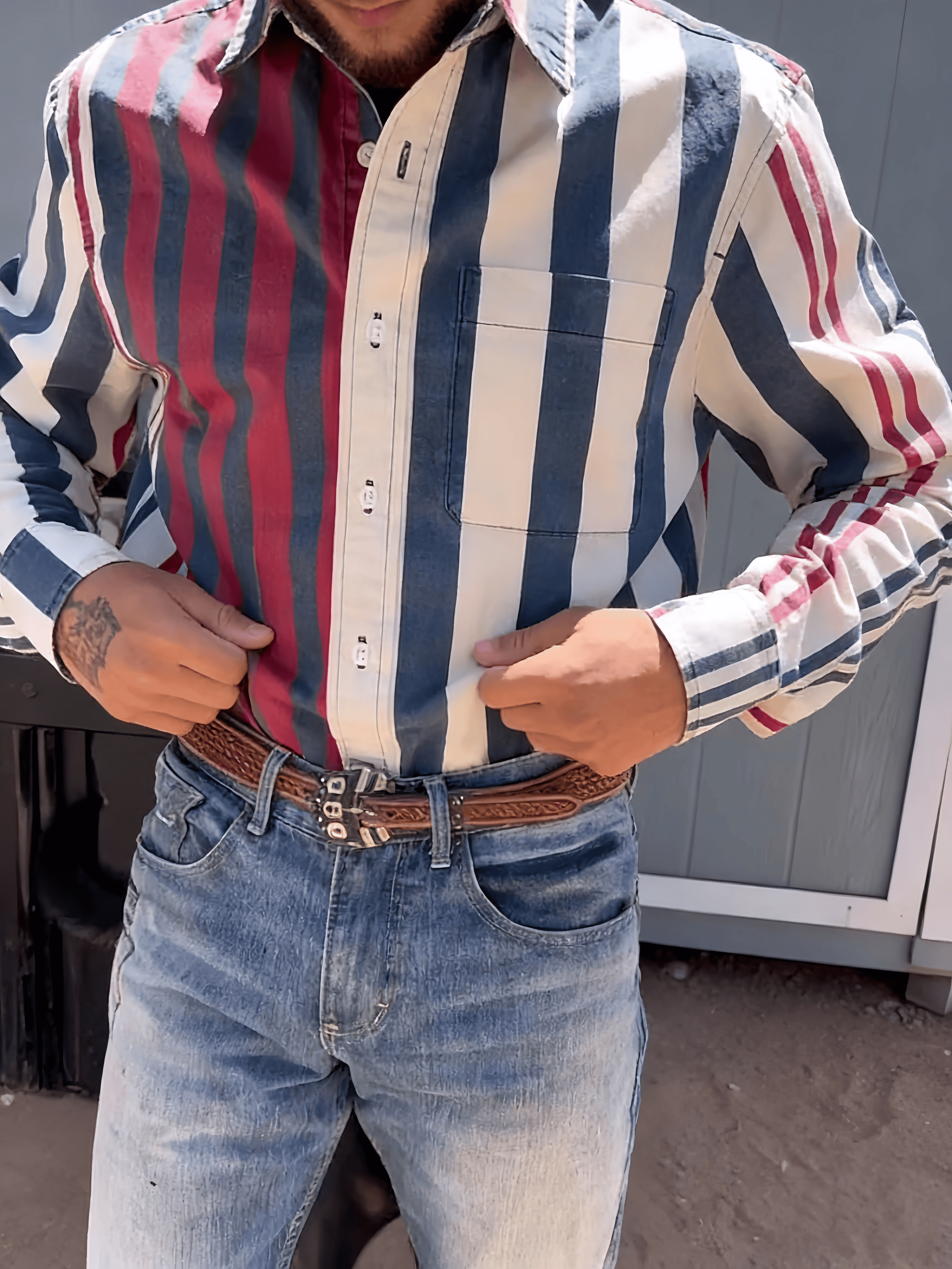 Men's Casual Vintage Blue Striped Long Sleeve Shirt