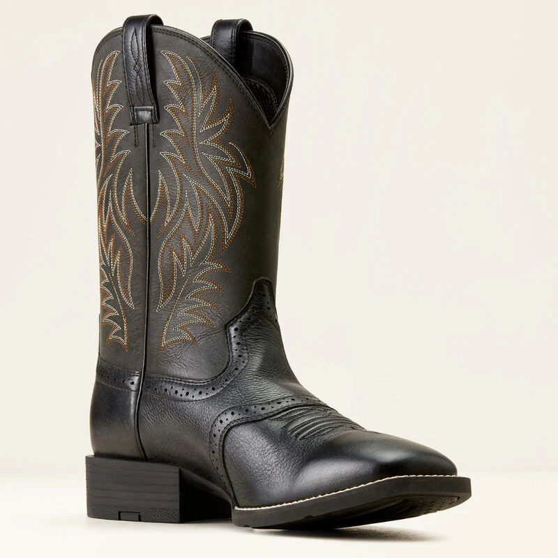 Men's Sport Western Wide Square Toe Cowboy Boot in Black Deertan/Black