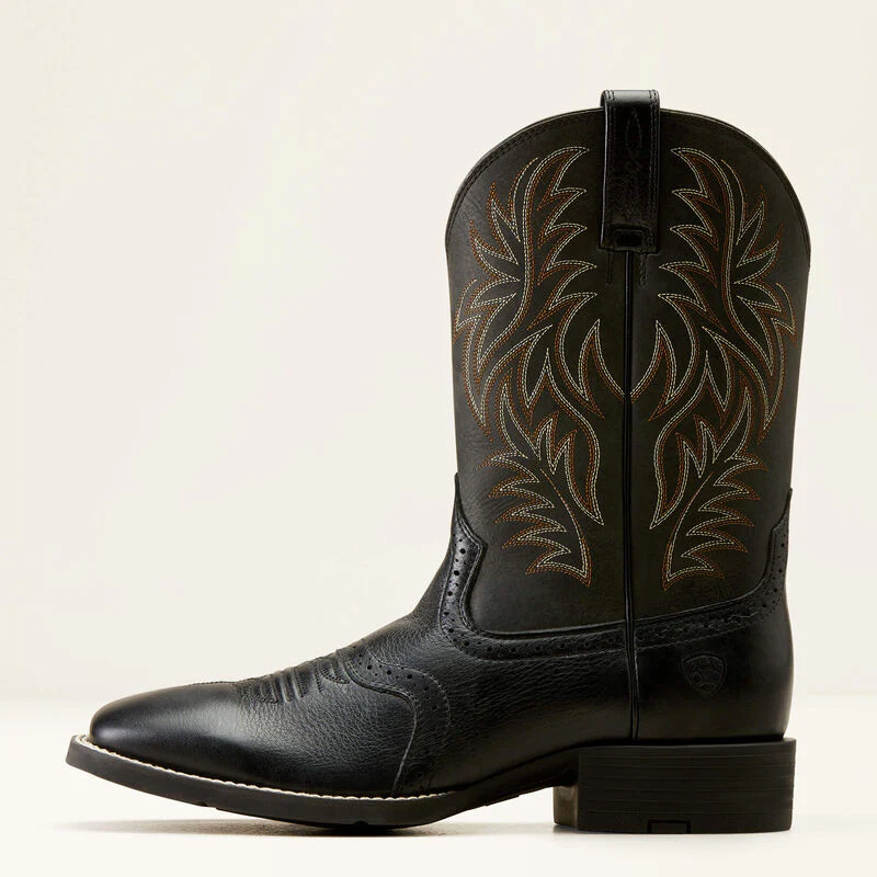 Men's Sport Western Wide Square Toe Cowboy Boot in Black Deertan/Black