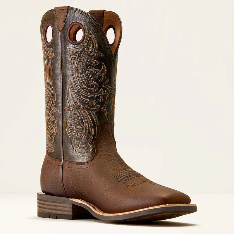 Ariat Men's Highland Toughstock Wide Square Toe Cowboy Boot in Brown Oiled Rowdy/Timber Olive