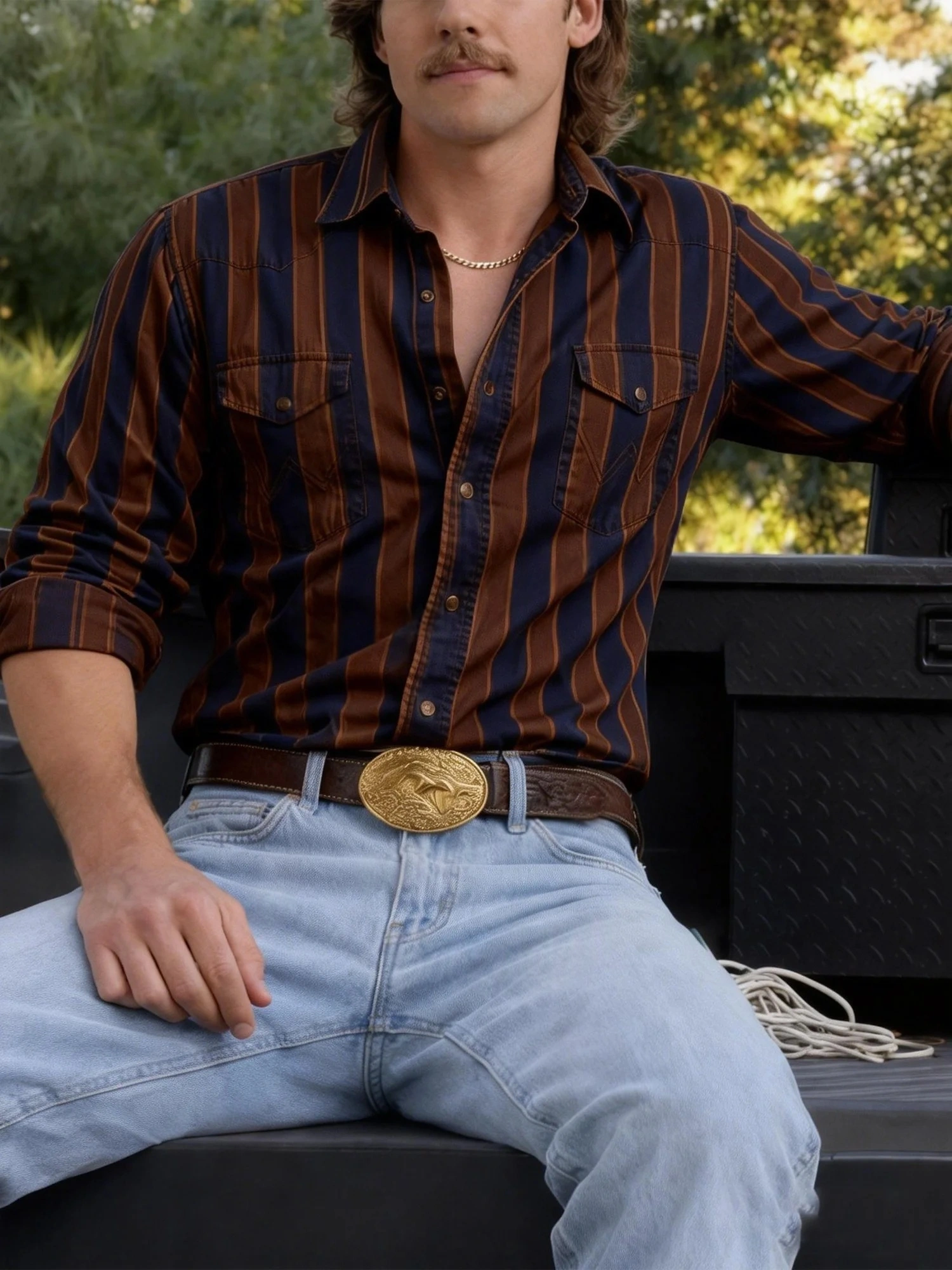 Men'S Western-Style Casual Red, Brown, And Blue Striped Shirt
