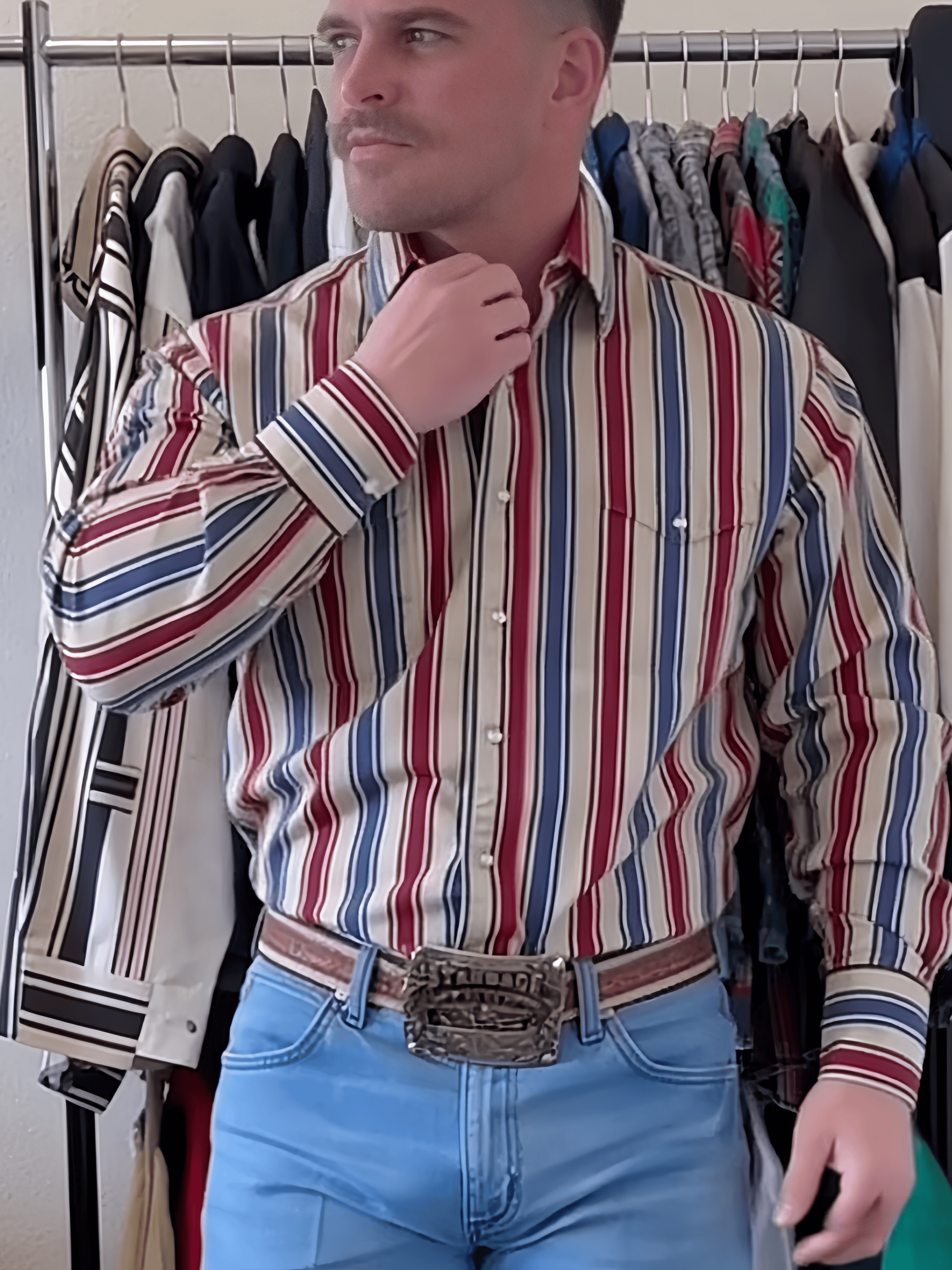 Men's Casual Retro Blue Striped Printed Long Sleeved Lapel Shirt