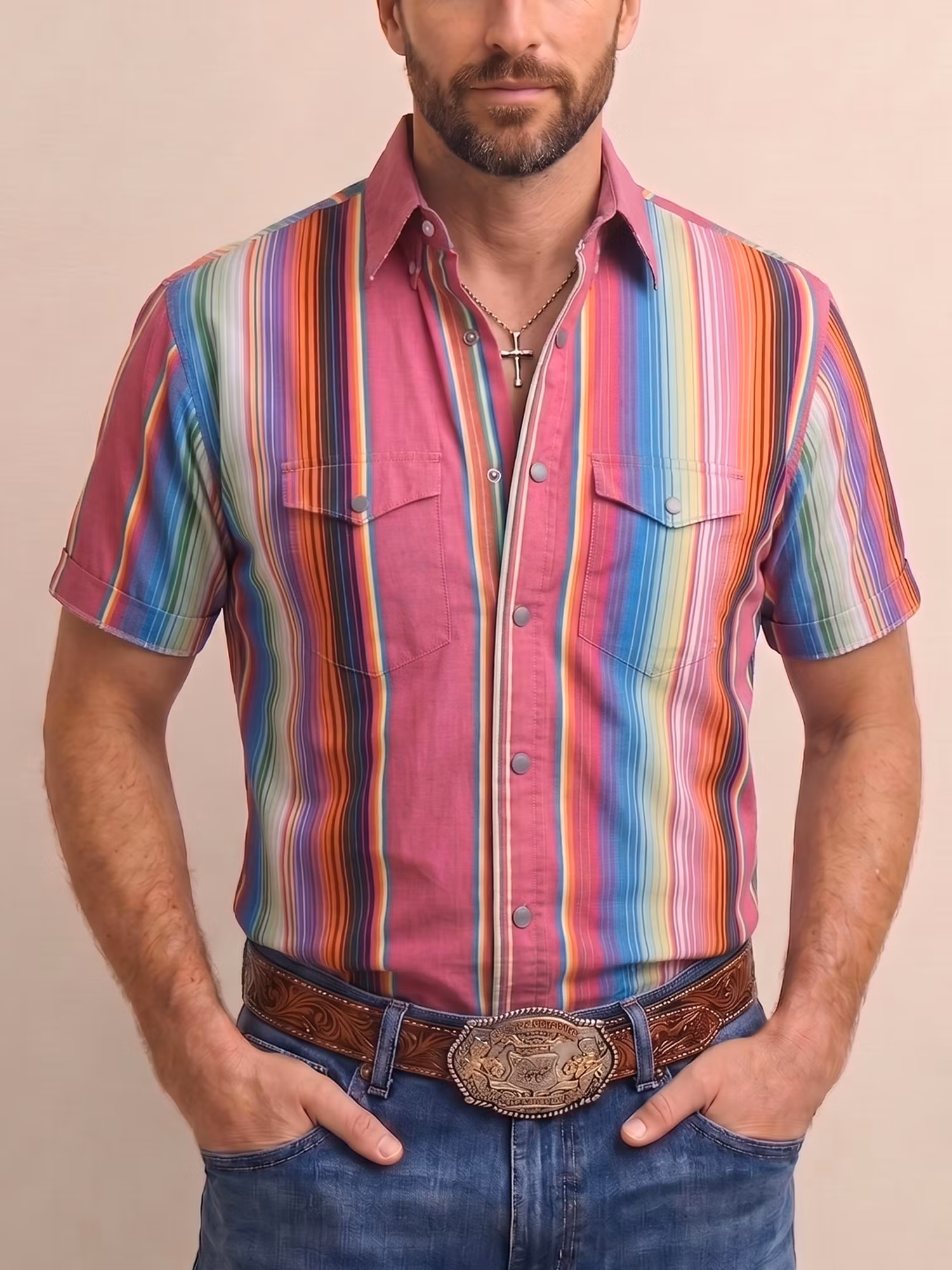 Western Outfits — Fuchsia Serape Stripe Breathable Cotton Blouse