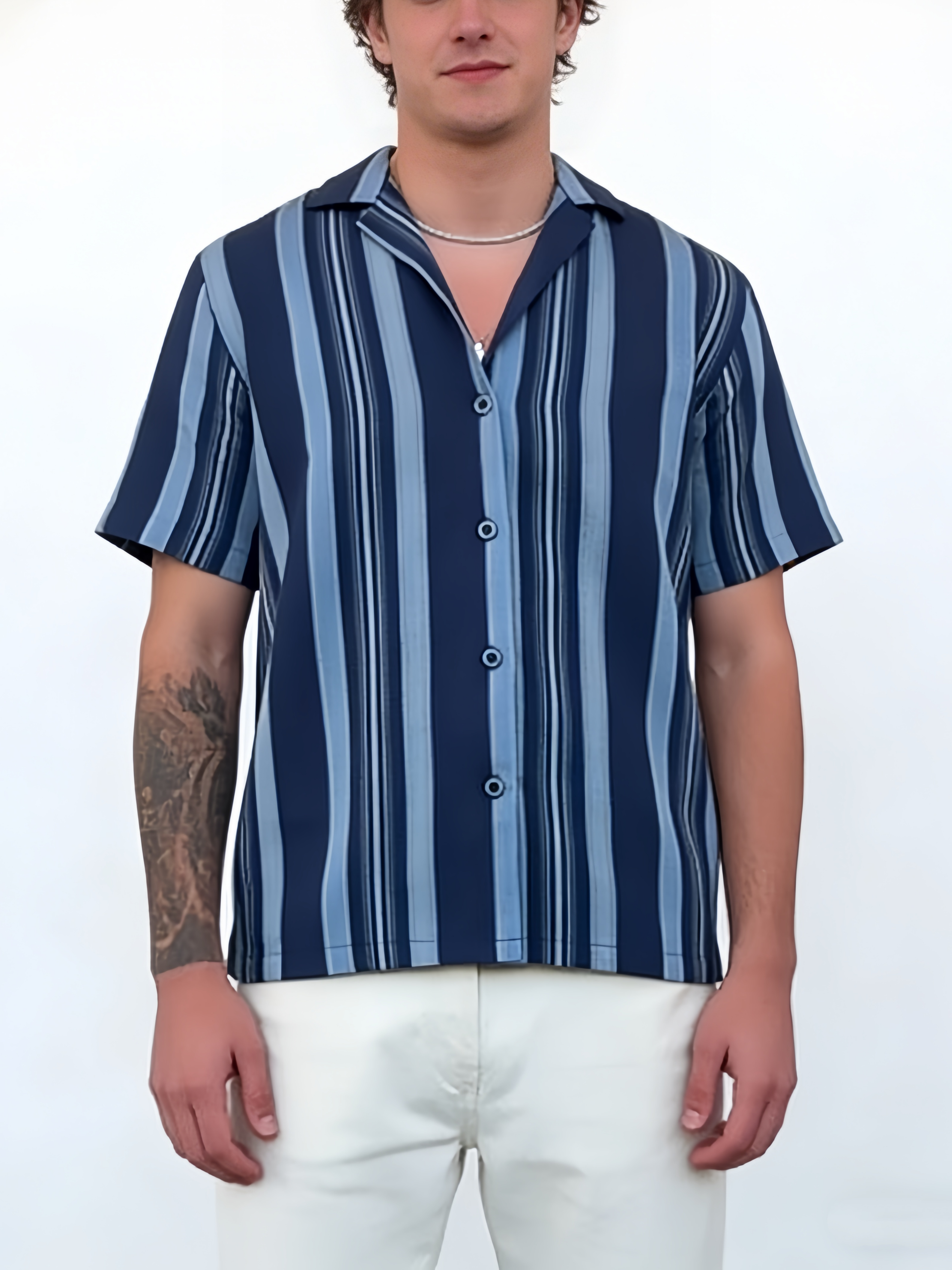 Men's Casual Retro Blue Striped Short Sleeve Shirt