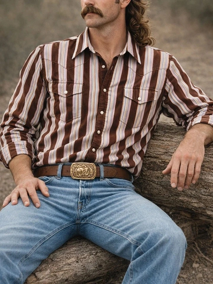 Men'S Western-Style Casual Pink And Red Striped Shirt