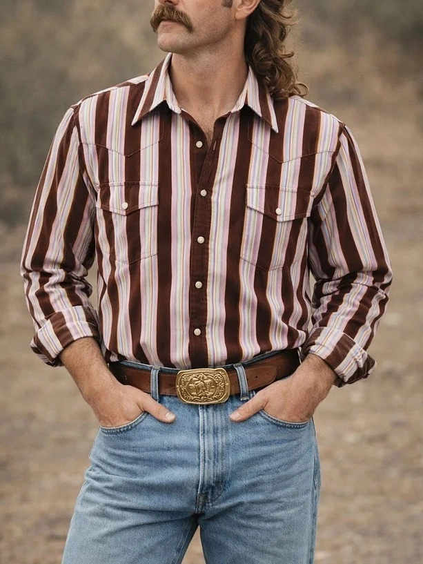 Men'S Western-Style Casual Pink And Red Striped Shirt