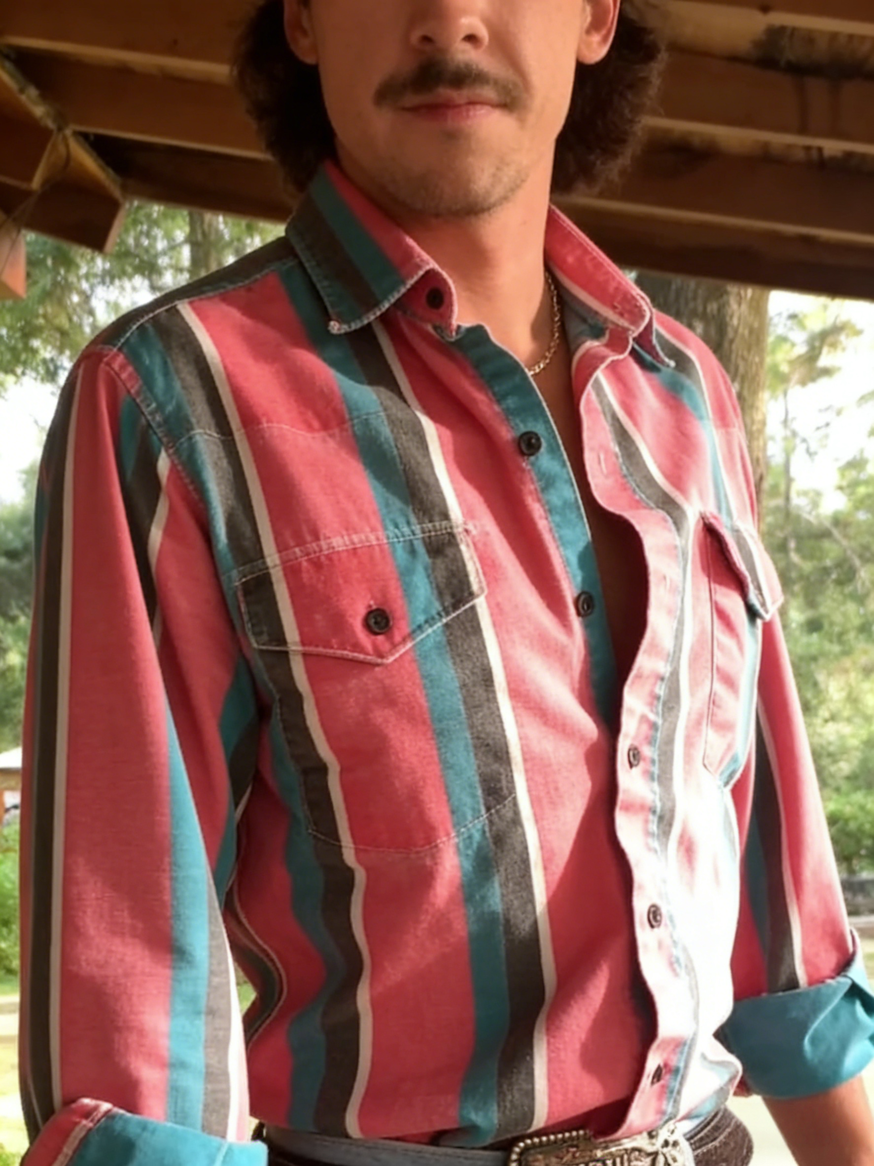 Men's Casual Western Red Striped Shirt