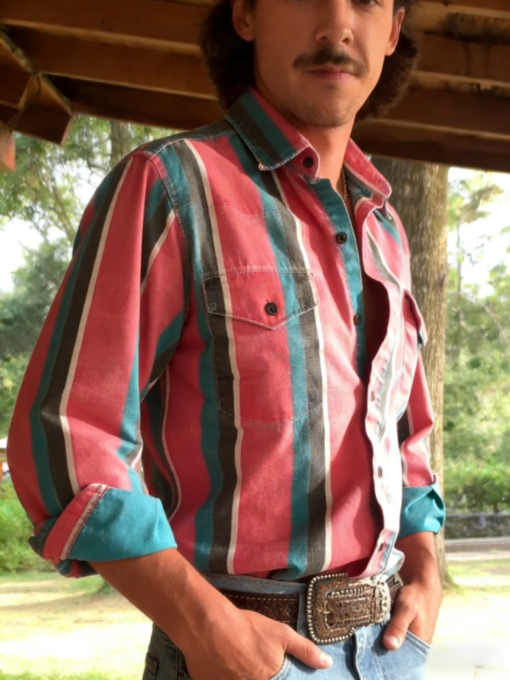 Men's Casual Western Red Striped Shirt