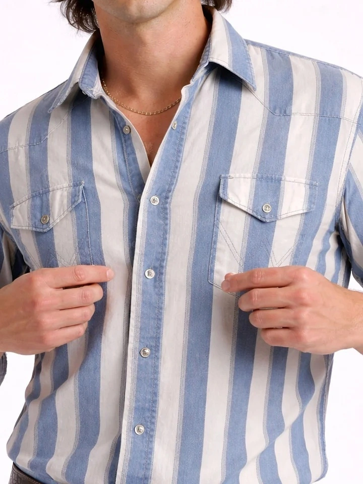 Men'S Western-Style Casual Blue And White Striped Shirt