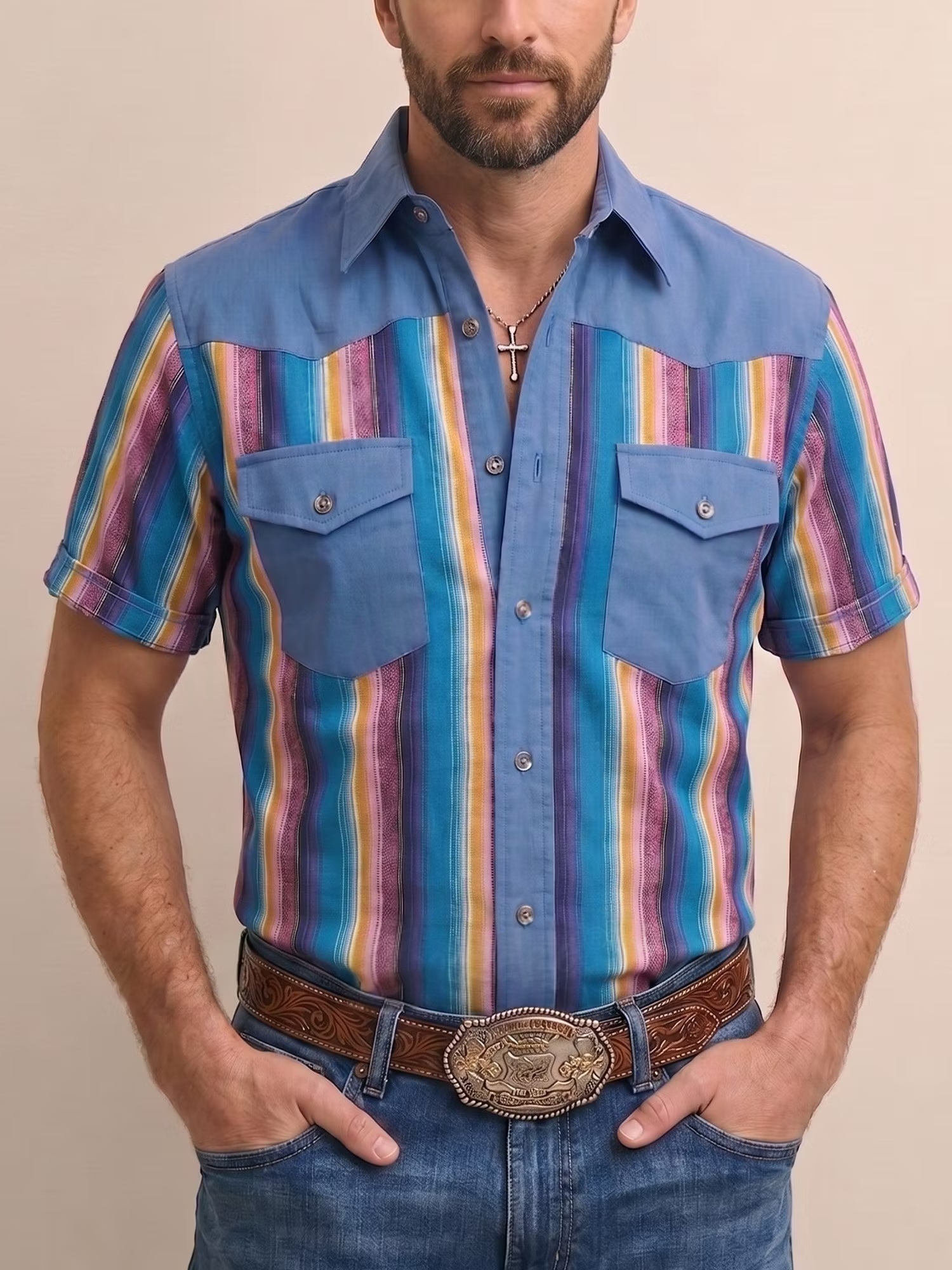 Western Style — Sky Blue Sarape Striped Cotton Shirt