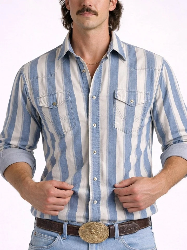 Men'S Western-Style Casual Blue And White Striped Shirt