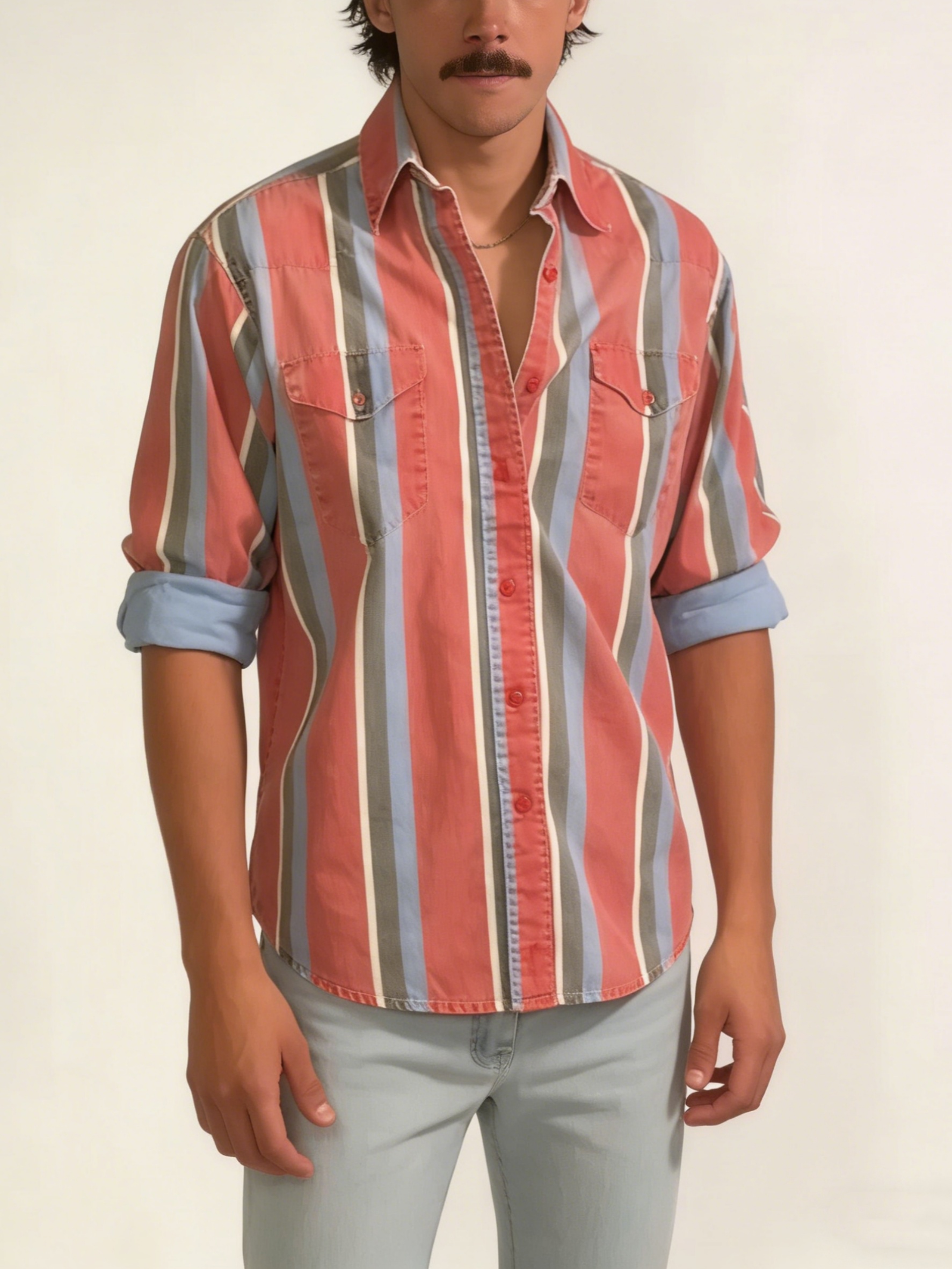 Men's Casual Retro Red and Blue Striped Long Sleeve Shirt