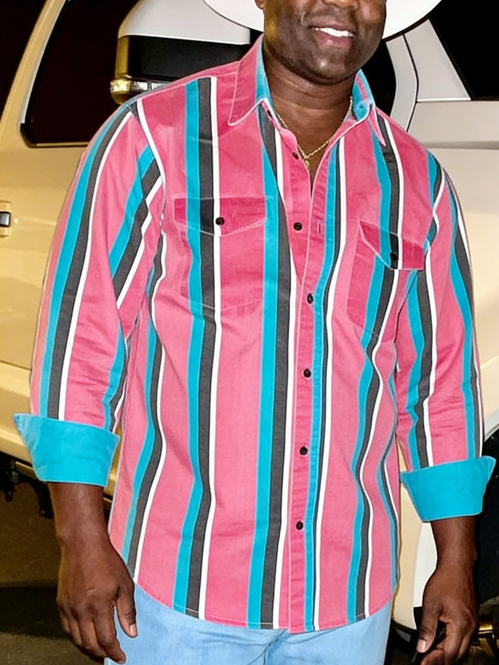 Men's Casual Western Blue Red Striped Long Sleeve Shirt