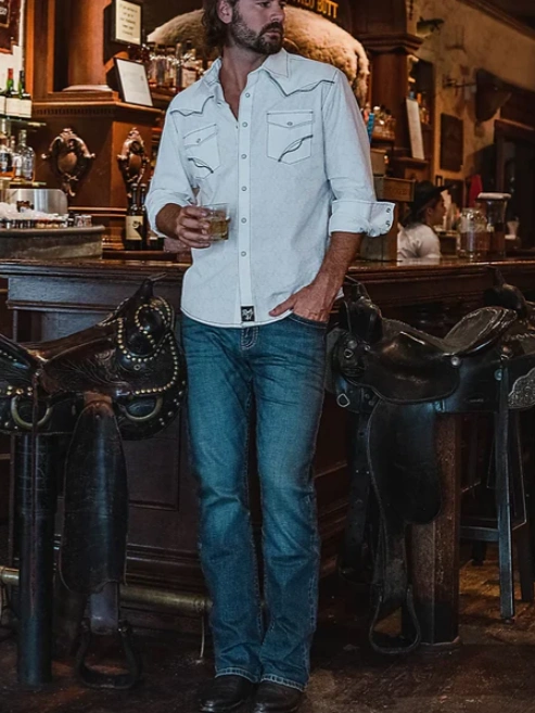 Men's White Contrast Stitch Western Button Down Shirt