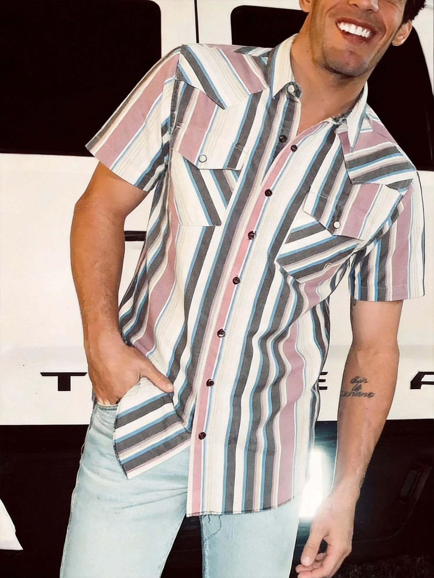 Men'S Western-Style Casual Blue And Pink Striped Shirt