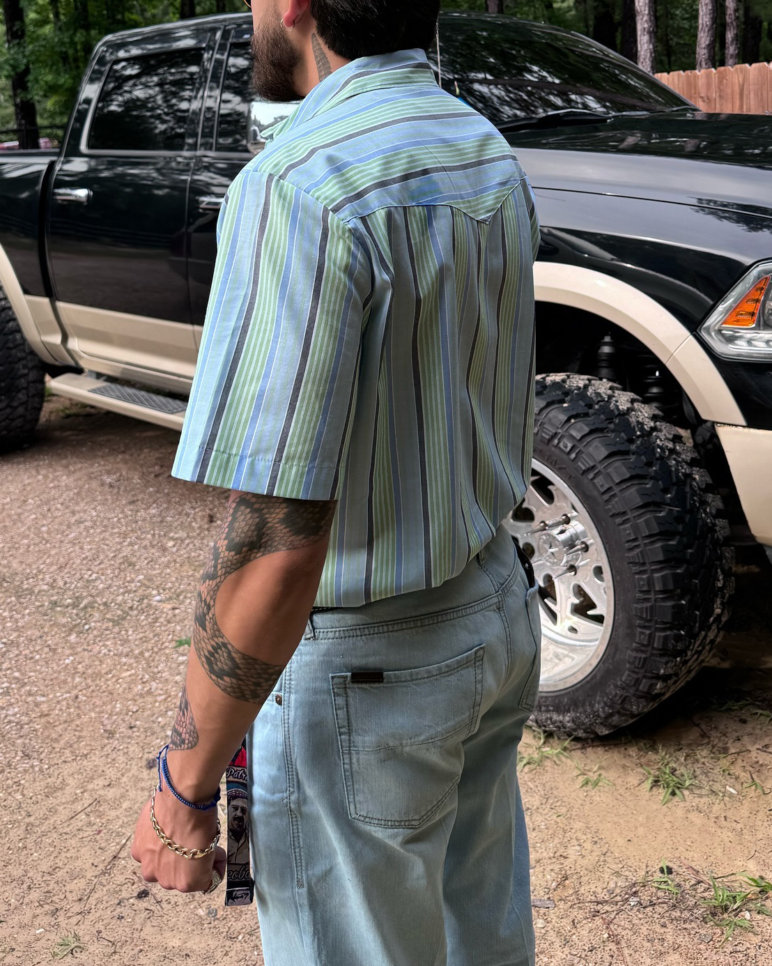 Men's Casual Retro Blue Green Striped Short Sleeve Shirt