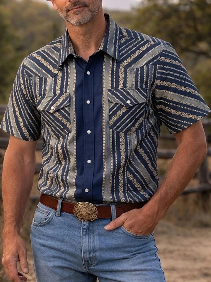 Navy Blue Vintage Stripe Printed Western Shirt