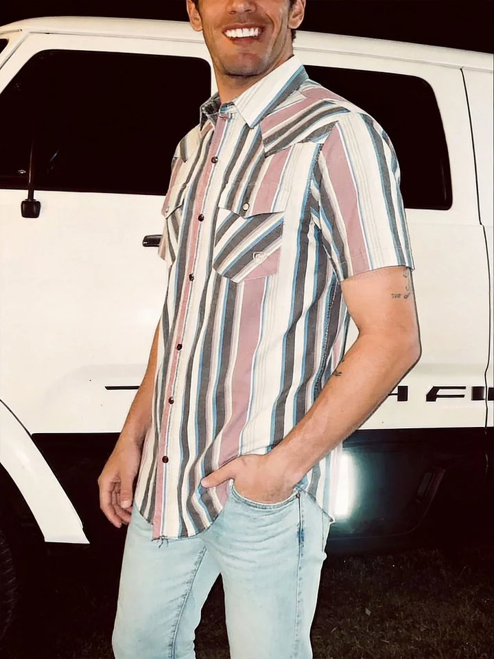 Men'S Western-Style Casual Blue And Pink Striped Shirt