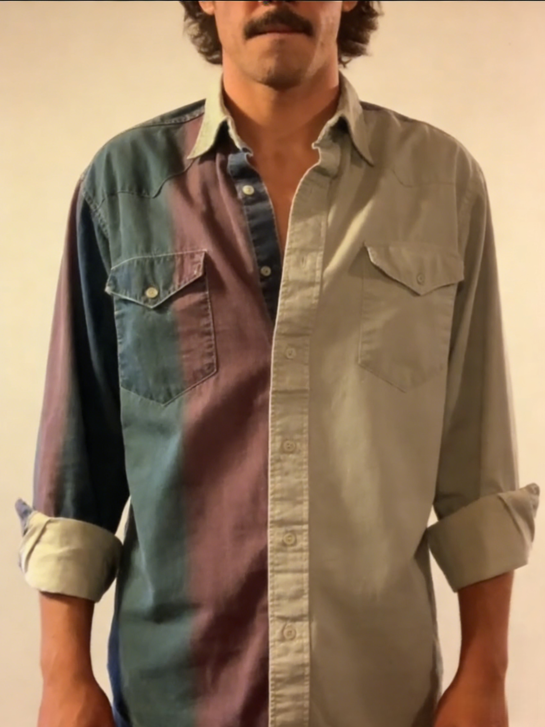 Men's Casual Western White Green Striped Long Sleeve Shirt