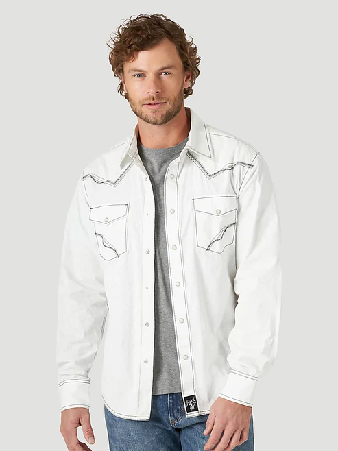 Men's White Contrast Stitch Western Button Down Shirt