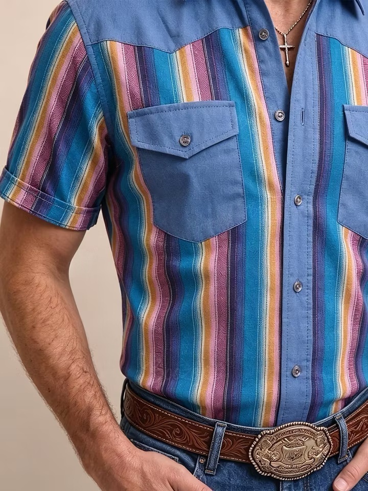 Western Style — Sky Blue Sarape Striped Cotton Shirt