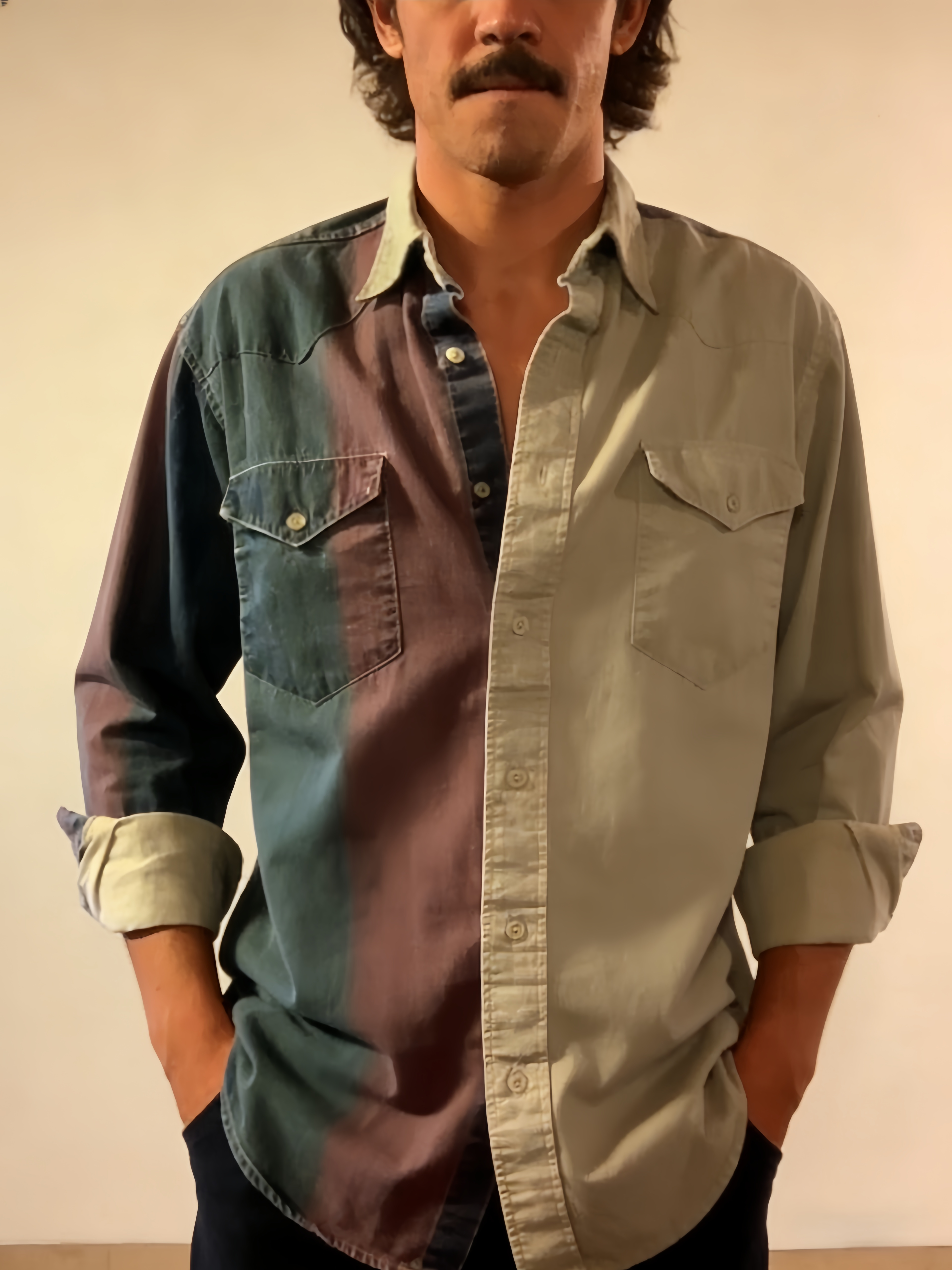 Men's Casual Western White Green Striped Long Sleeve Shirt