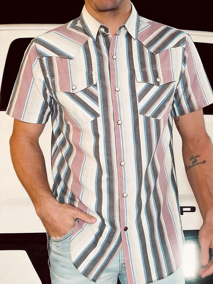 Men'S Western-Style Casual Blue And Pink Striped Shirt
