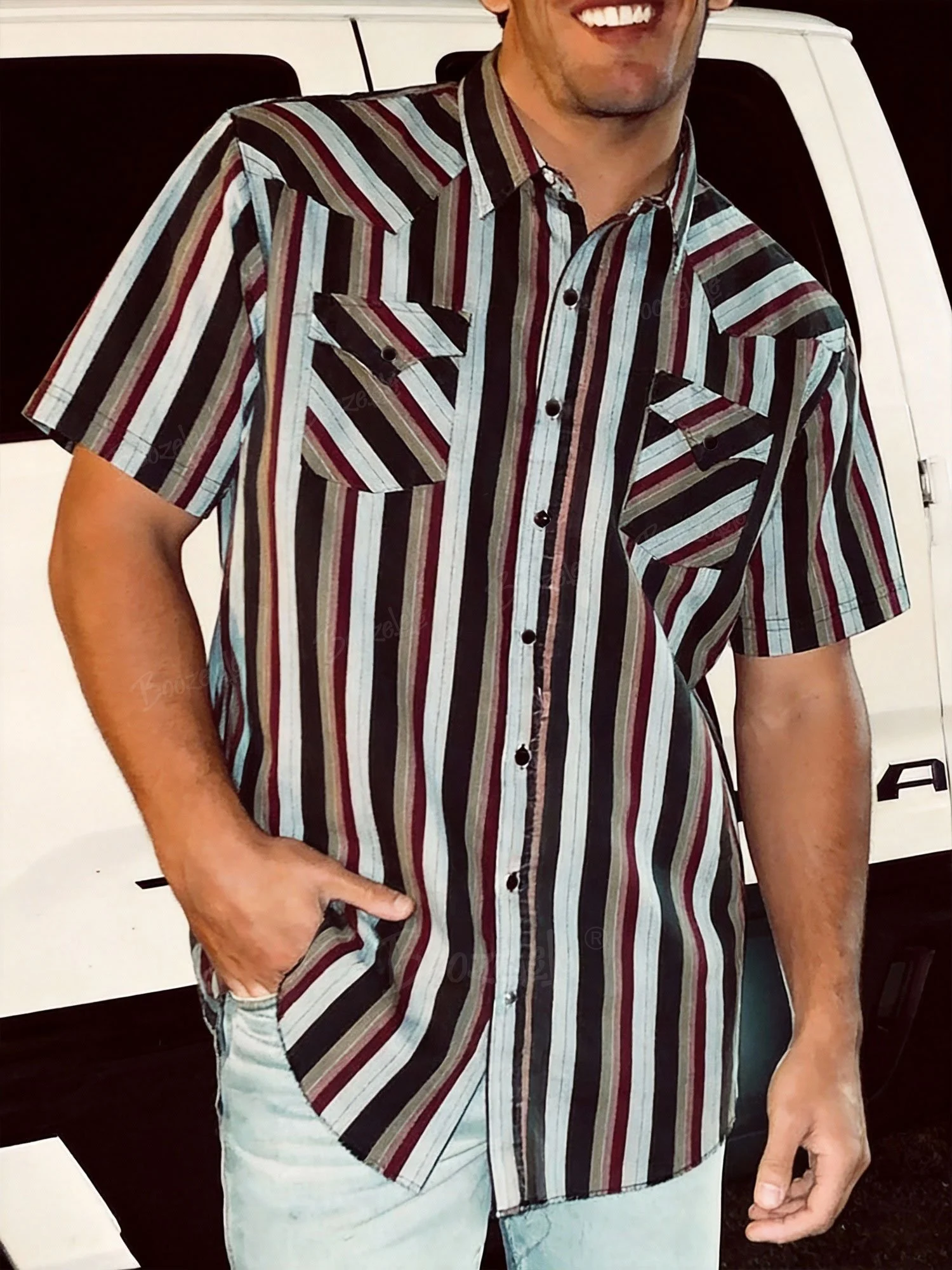 Men'S Western-Style Casual Black And Blue Striped Shirt