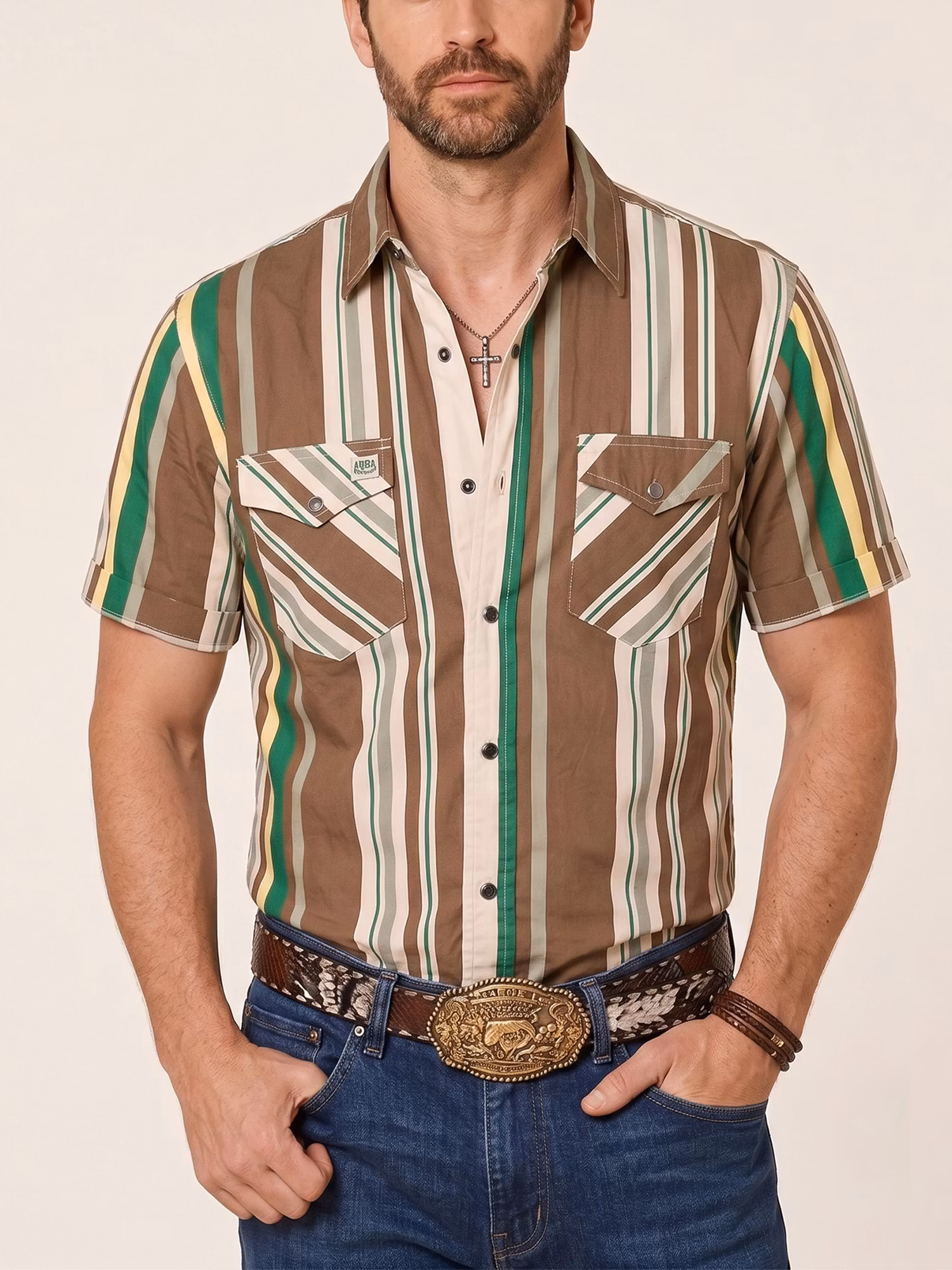 Western Outfits — Earthy Brown Retro Vertical Stripe Cotton Poplin Blouse