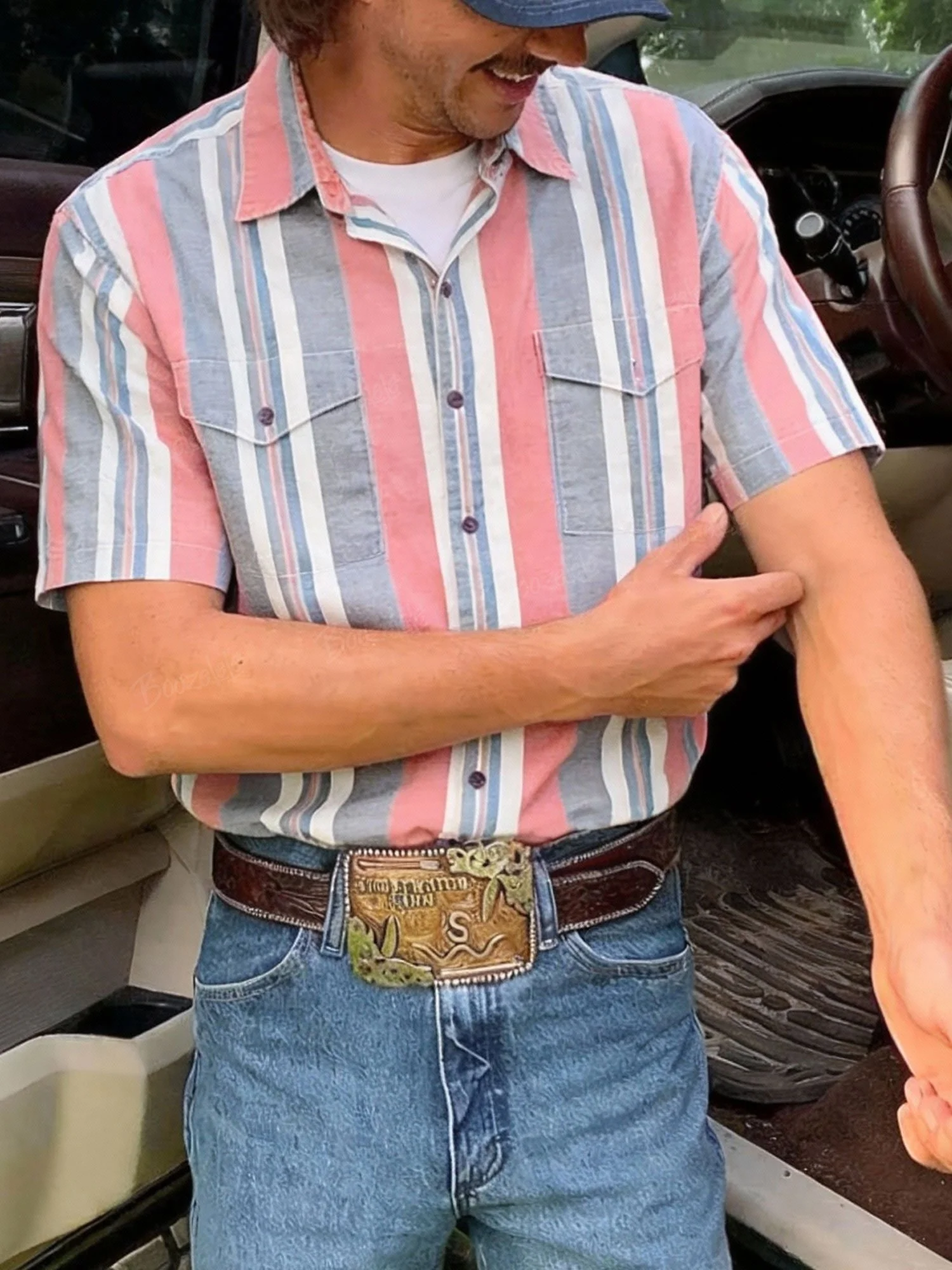 Men'S Western-Style Casual Pink And Blue Striped Shirt