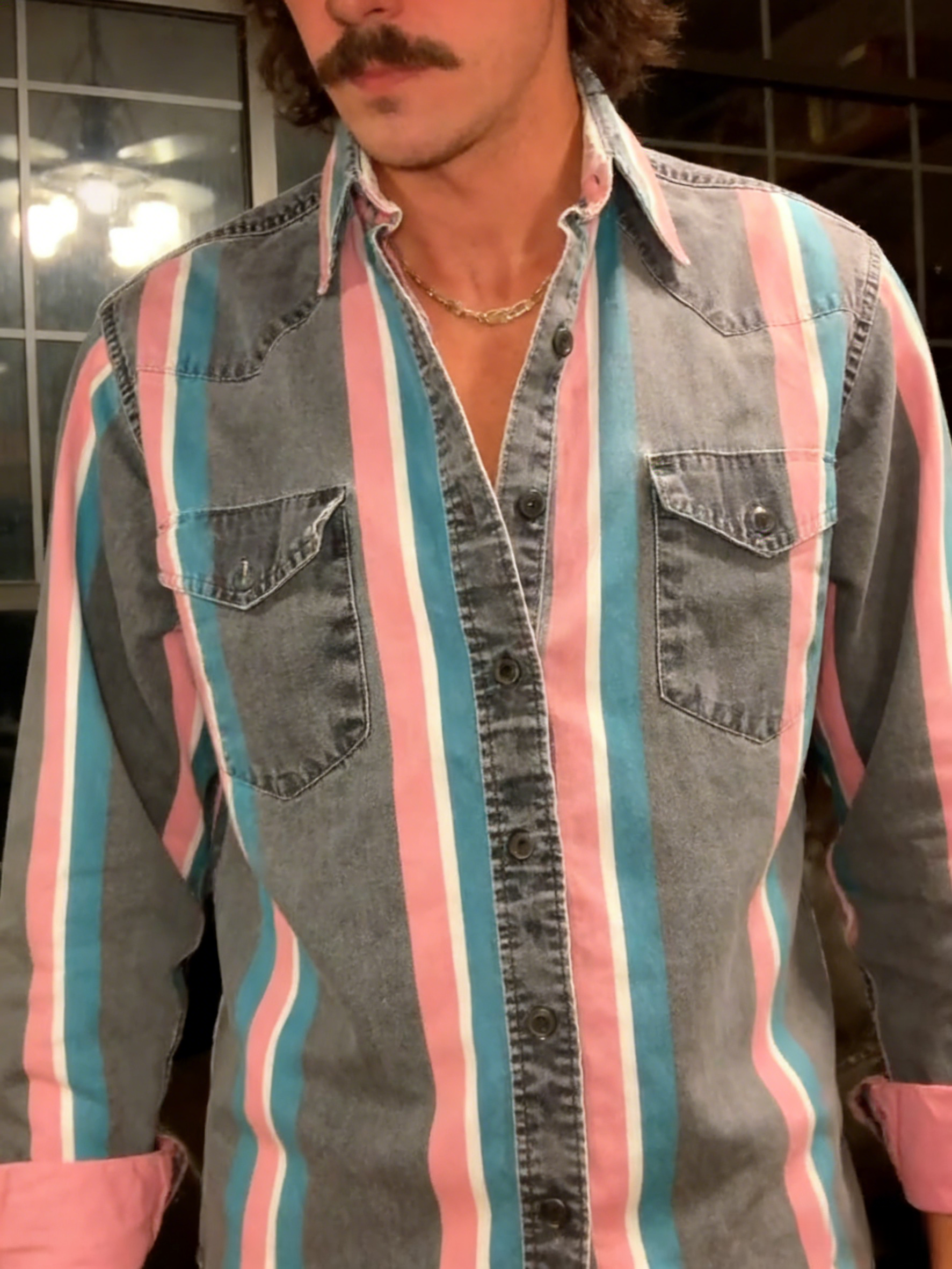 Men's Casual Western Gray Pink Striped Long Sleeve Shirt